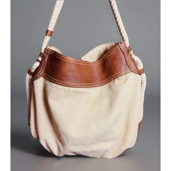Vtg GAP Jeans Canvas Bucket Bag Tote Rope Cream Brown Leather Y2K 90s Hobo Purse - Picture 1 of 16